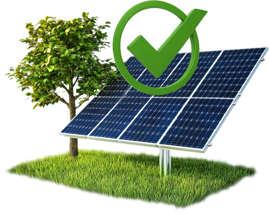 Solaranlage auf Grasfläche neben Baum mit grünem Häkchen darüber